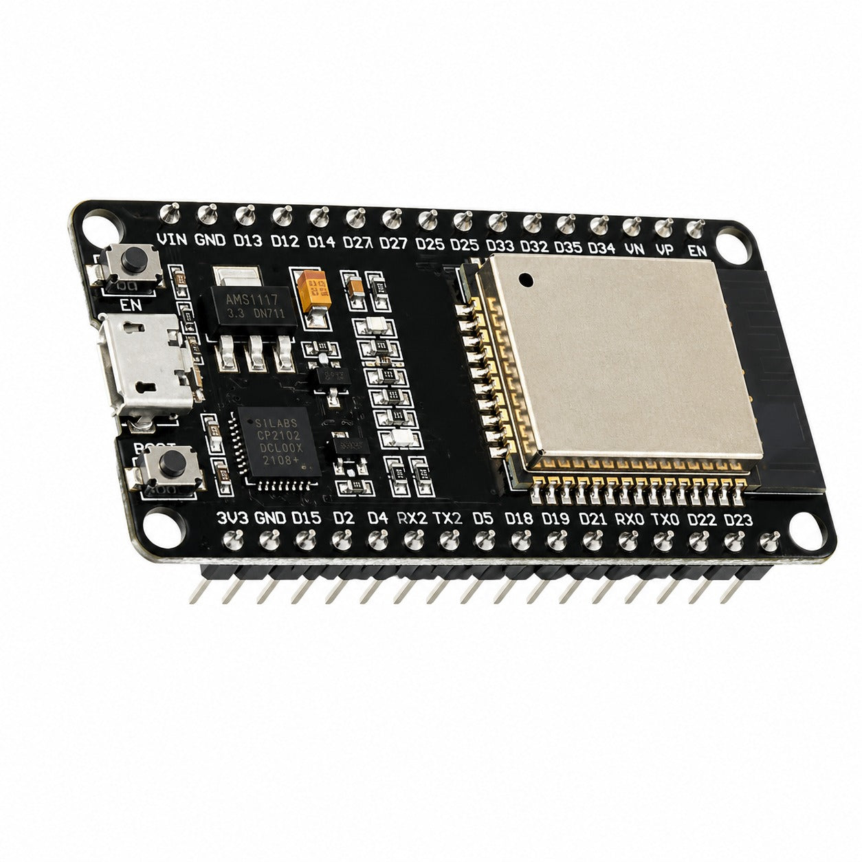 An ESP32 development board with a black printed circuit board, featuring a large silver metal shield over the ESP32-C6 microcontroller, a USB-C port, and various electronic components, shown on a plain white background.