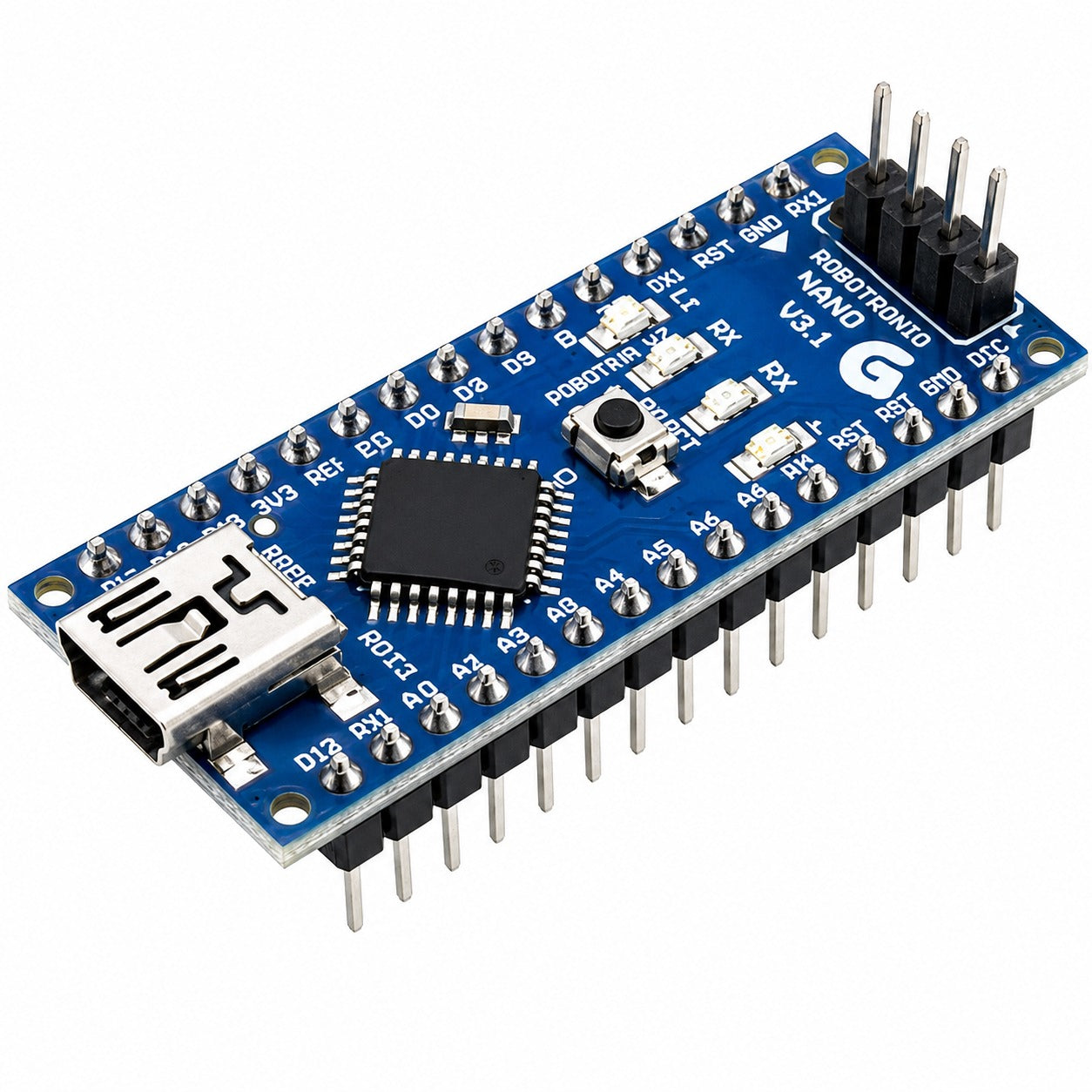 Arduino Nano V3.1 microcontroller board with a USB-C connector, featuring a blue PCB, black central microchip, and silver metal pins on a white background.