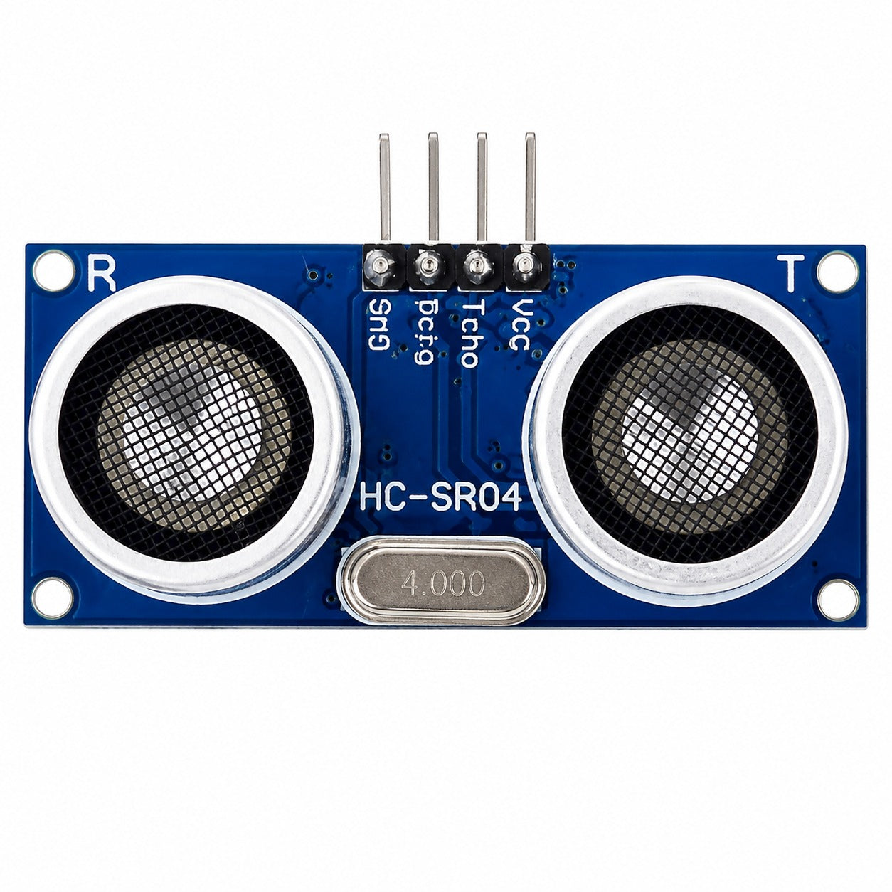 HC-SR04 ultrasonic distance sensor module with two circular transducers, four pin headers, and a 4000 Hz crystal, shown on a white background.